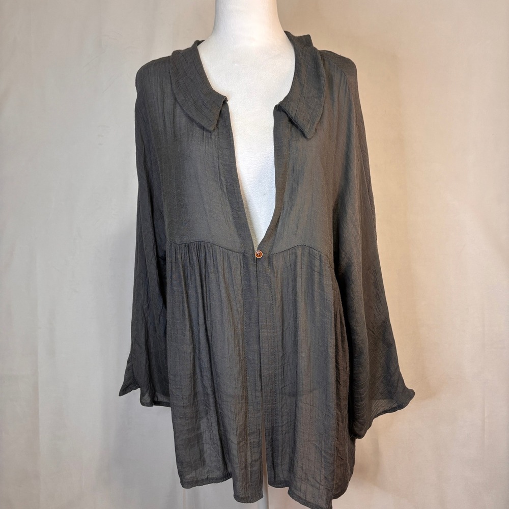 Misslook Tunic Top Womens S Gray Crinkle Gauze Boho Semi-Sheer Oversized Beachy
